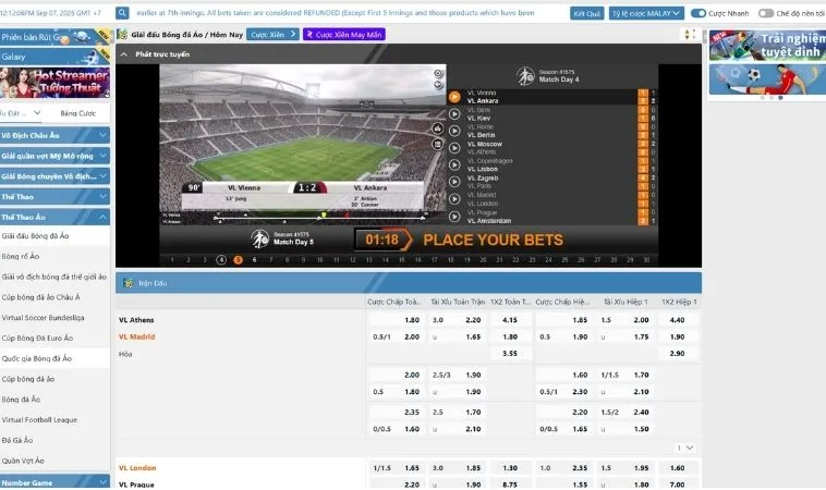 Giao diện đặt cược thể thao ảo TK88