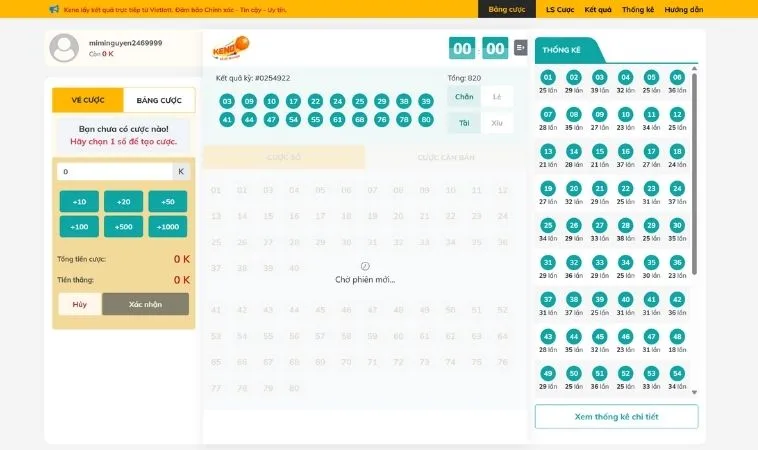 Giao diện chơi game nhanh Keno TK88