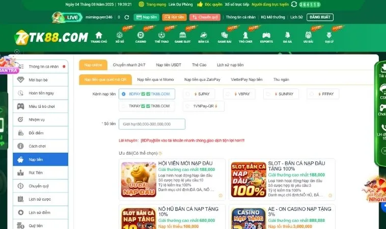 Hướng Dẫn Nạp Tiền TK88 Nhận Thưởng Ngay Lập Tức 2 Giao diện nạp tiền TK88